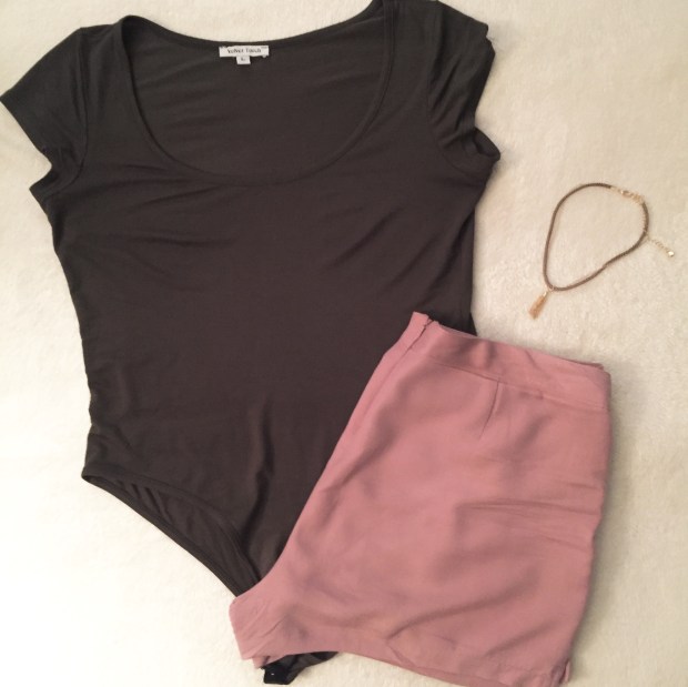 Olive green body suit and blush pink outfit